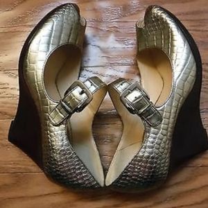 Cole Haan Gold Croc Print Wedge Mary Jane Open Toe